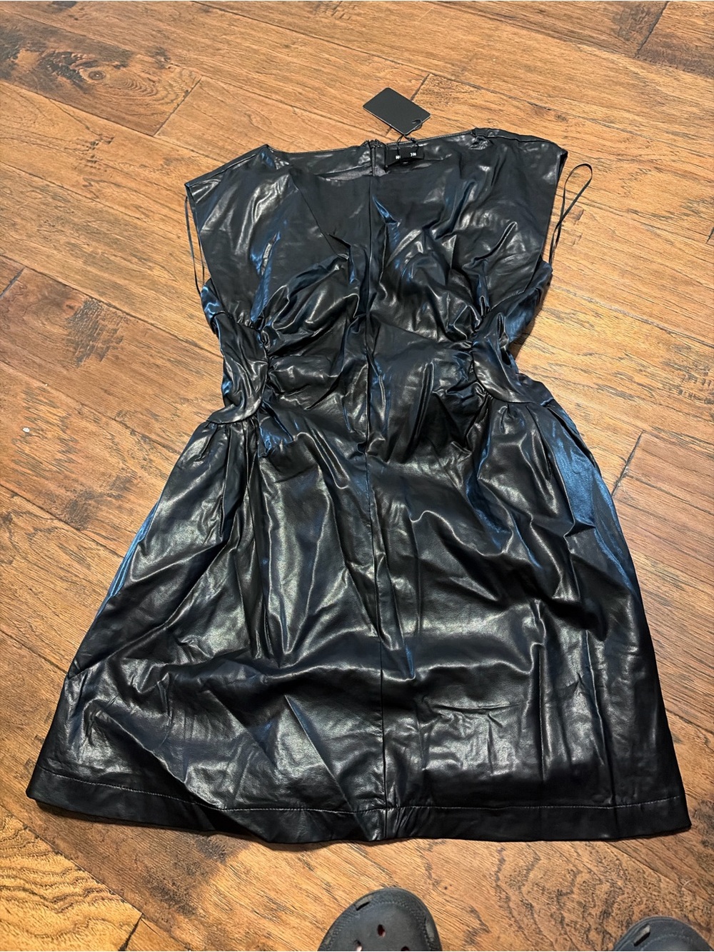 Black Faux-Leather Mini Dress with Ruched Waist